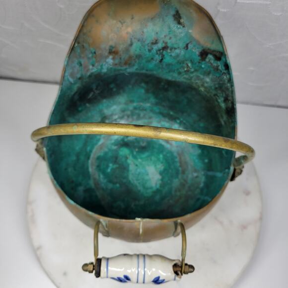 VTG Copper Coal Scuttle Ash Bucket 11" Patina Lion Head Delft Porcelain Handle - Picture 13 of 16